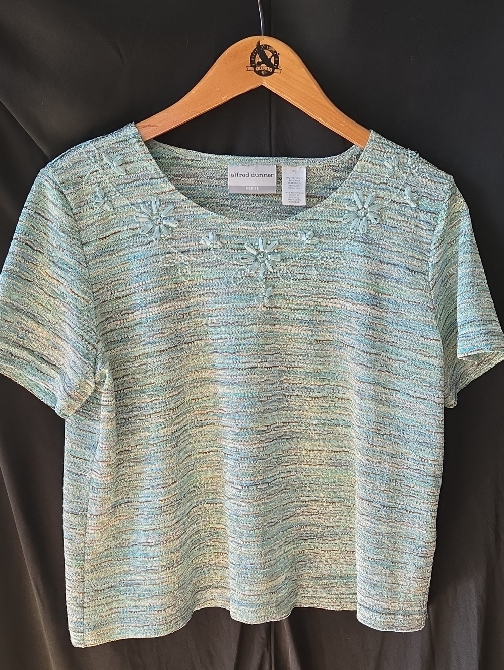 Alfred Dunner Mint Green-Blue Short Sleeve Embellished Knit Top